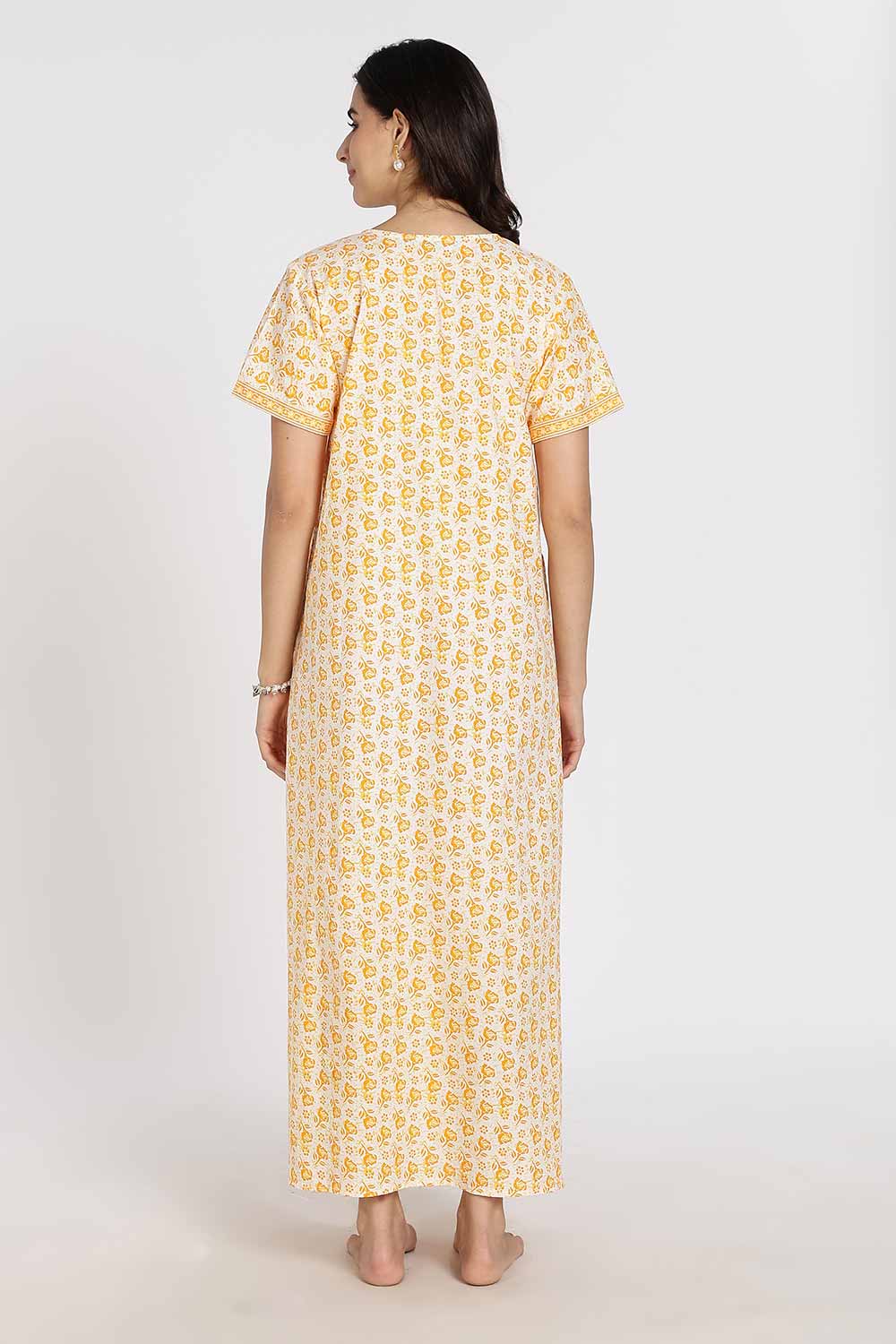 Naidu Hall Women’s Full-Length Cotton Nighty – V-Neck with Contrast Patchwork & Floral Butta Print - Yellow - NA38