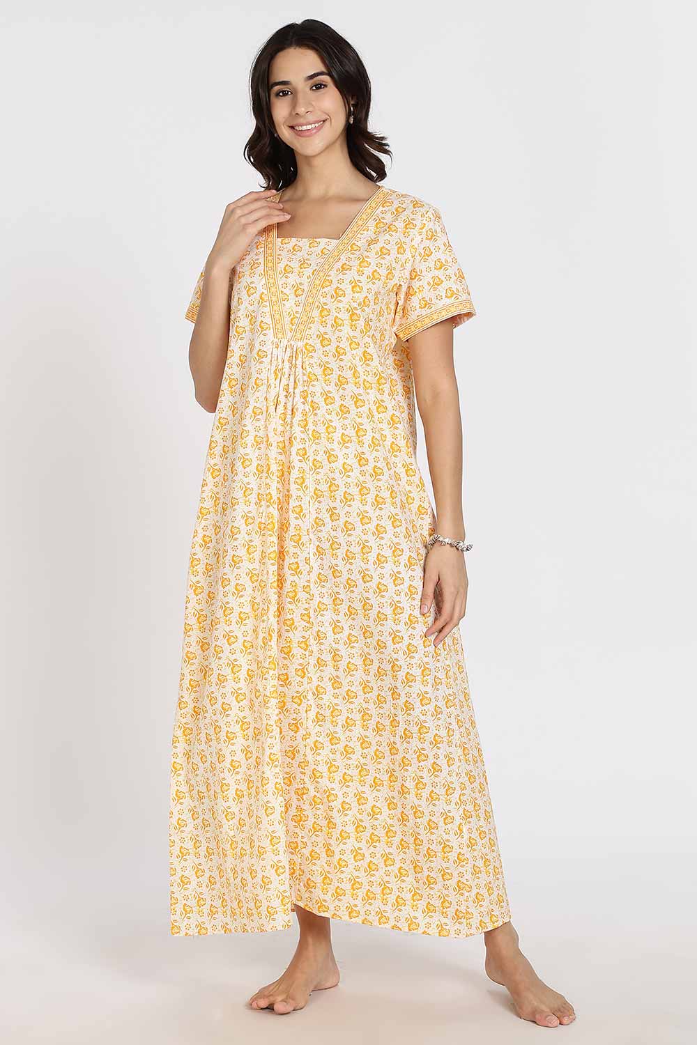 Naidu Hall Women's Full-Length Cotton Nighty – V-Neck with Contrast Patchwork & Floral Butta Print - Yellow - NA38
