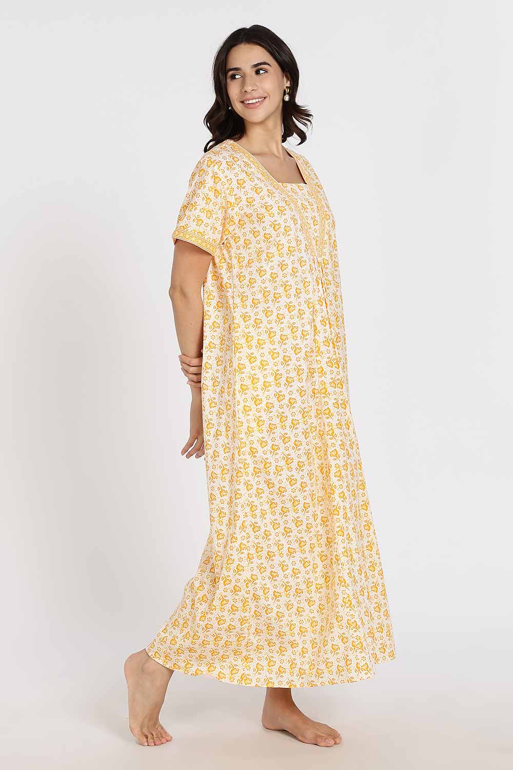 Naidu Hall Women’s Full-Length Cotton Nighty – V-Neck with Contrast Patchwork & Floral Butta Print - Yellow - NA38