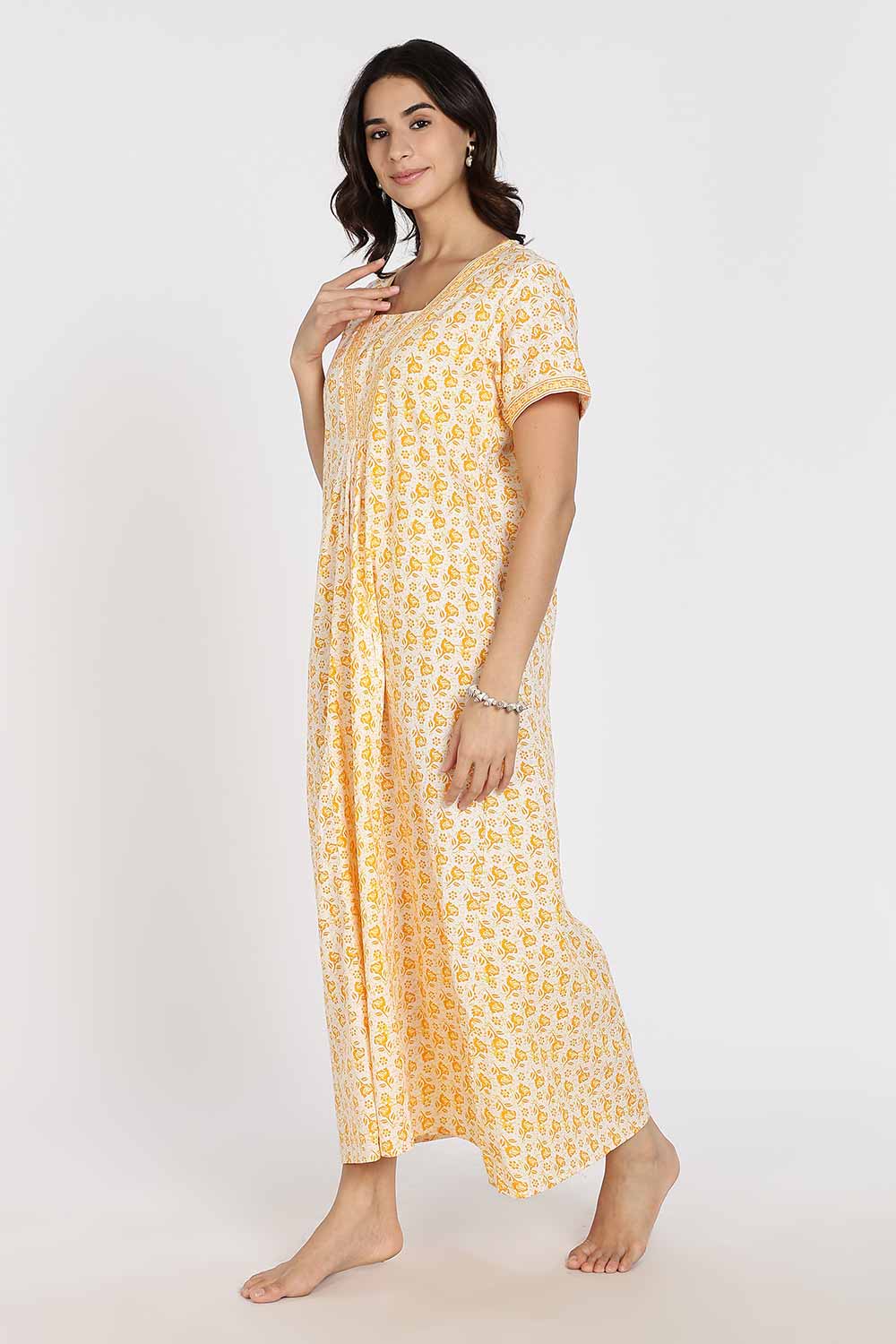 Naidu Hall Women's Full-Length Cotton Nighty – V-Neck with Contrast Patchwork & Floral Butta Print - Yellow - NA38