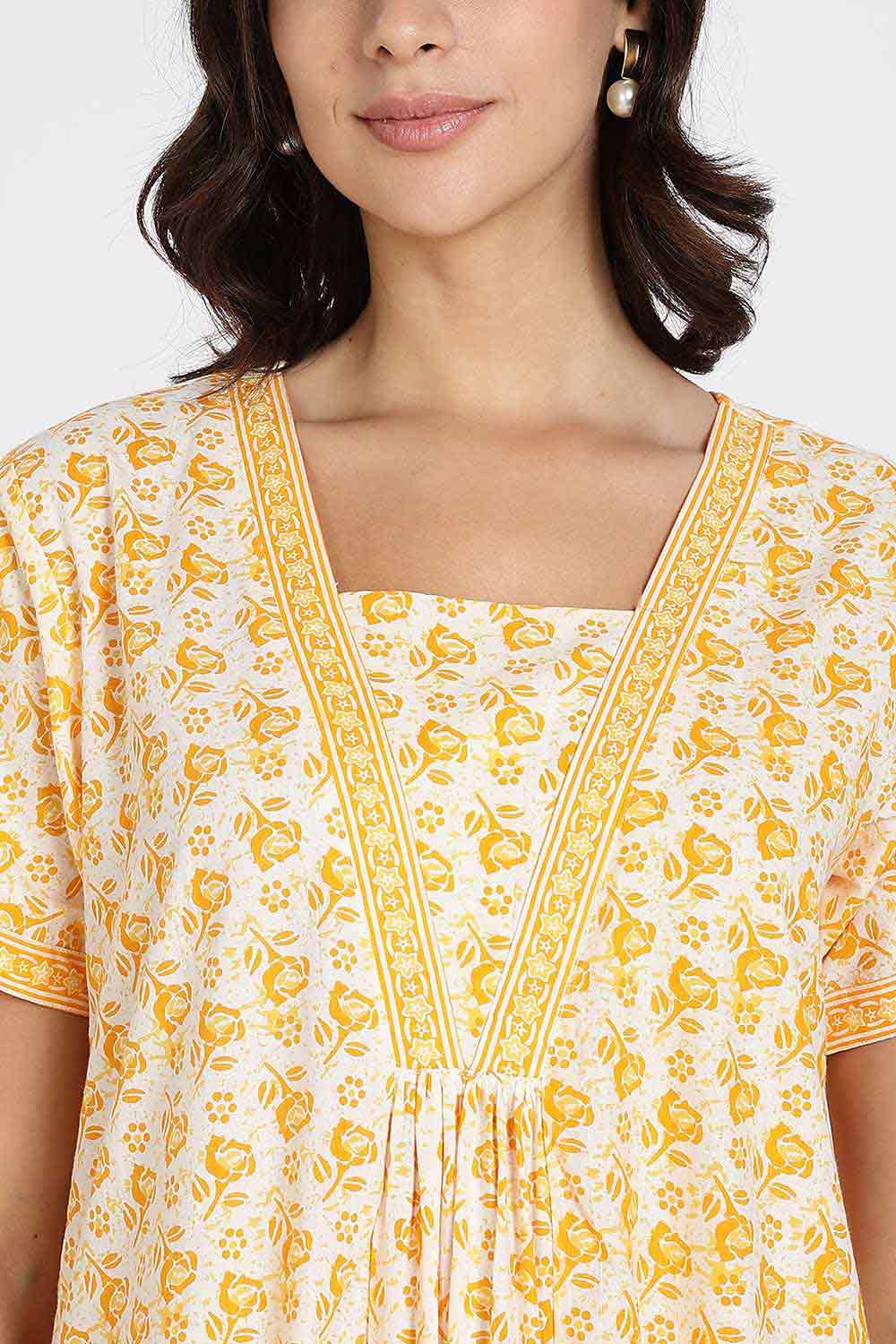 Naidu Hall Women’s Full-Length Cotton Nighty – V-Neck with Contrast Patchwork & Floral Butta Print - Yellow - NA38