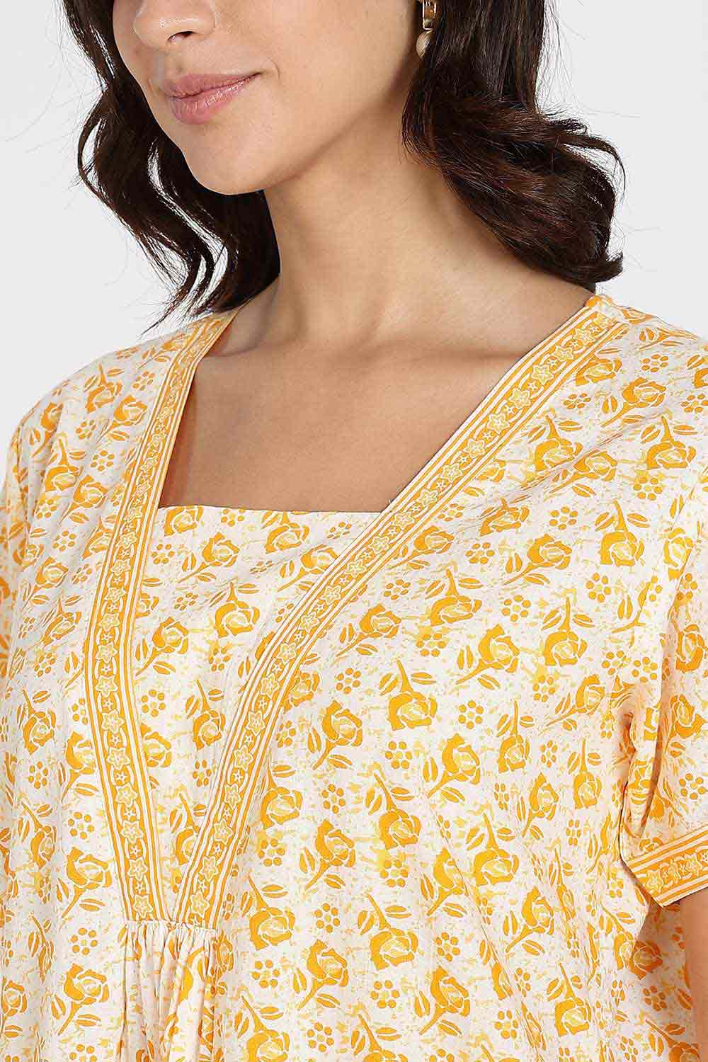 Naidu Hall Women's Full-Length Cotton Nighty – V-Neck with Contrast Patchwork & Floral Butta Print - Yellow - NA38
