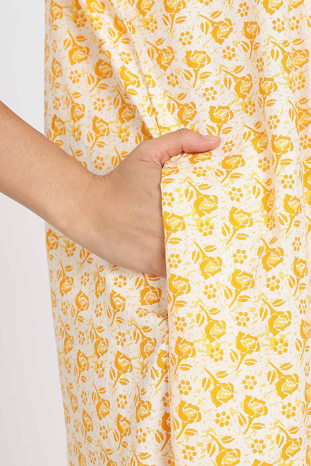 Naidu Hall Women's Full-Length Cotton Nighty – V-Neck with Contrast Patchwork & Floral Butta Print - Yellow - NA38