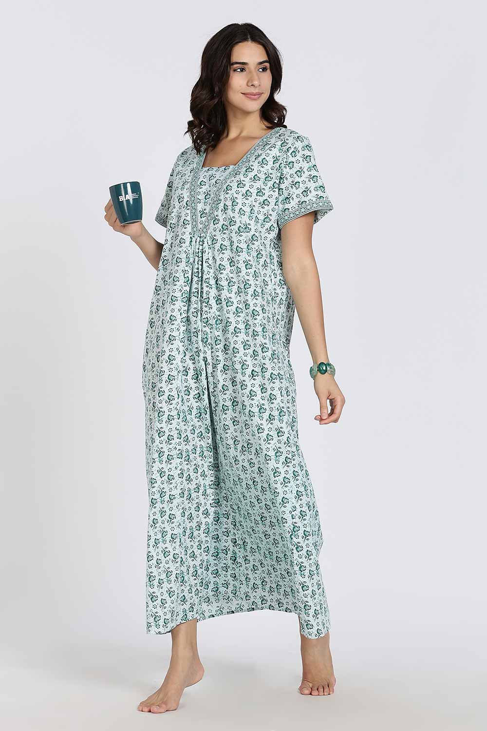 Naidu Hall Women’s Full-Length Cotton Nighty – V-Neck with Contrast Patchwork & Floral Butta Print - Teal - NA38