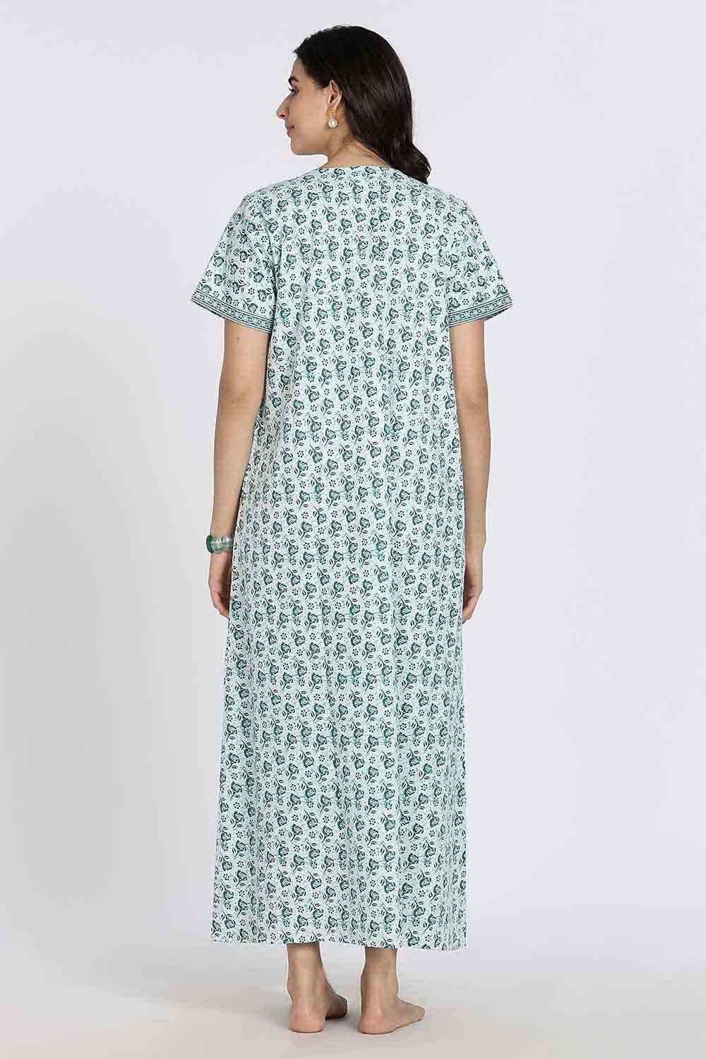 Naidu Hall Women’s Full-Length Cotton Nighty – V-Neck with Contrast Patchwork & Floral Butta Print - Teal - NA38