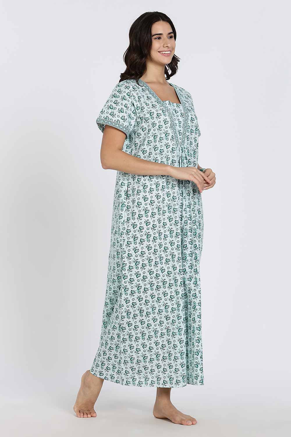 Naidu Hall Women’s Full-Length Cotton Nighty – V-Neck with Contrast Patchwork & Floral Butta Print - Teal - NA38
