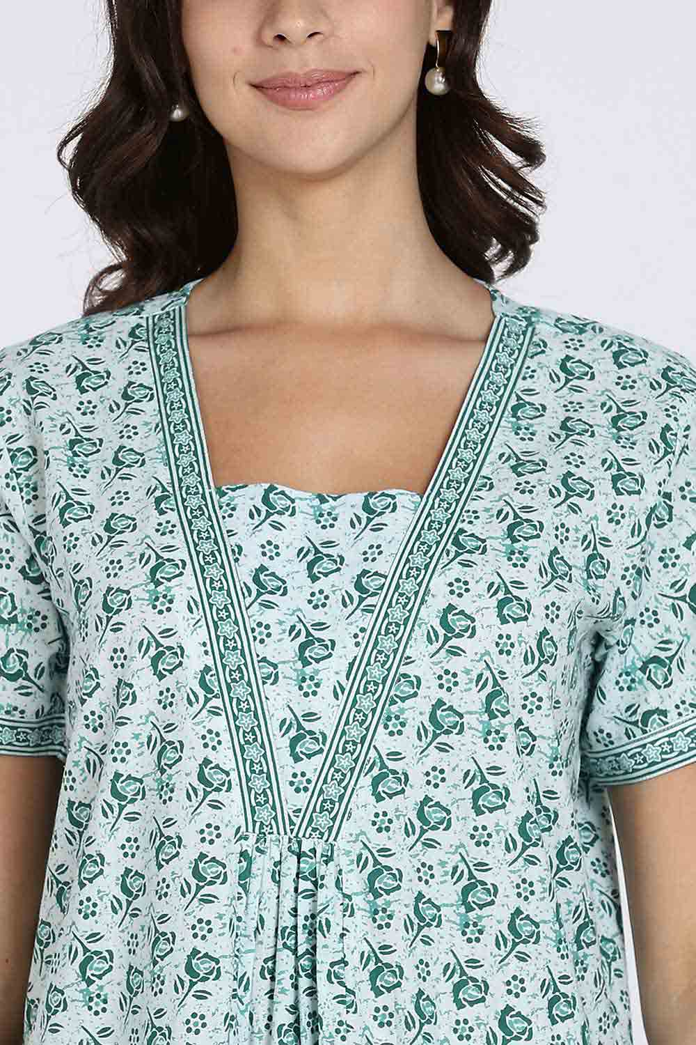 Naidu Hall Women’s Full-Length Cotton Nighty – V-Neck with Contrast Patchwork & Floral Butta Print - Teal - NA38