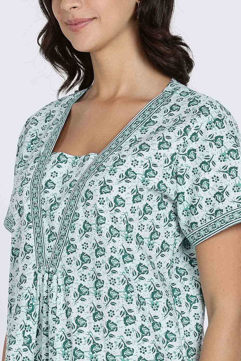 Naidu Hall Women’s Full-Length Cotton Nighty – V-Neck with Contrast Patchwork & Floral Butta Print - Teal - NA38