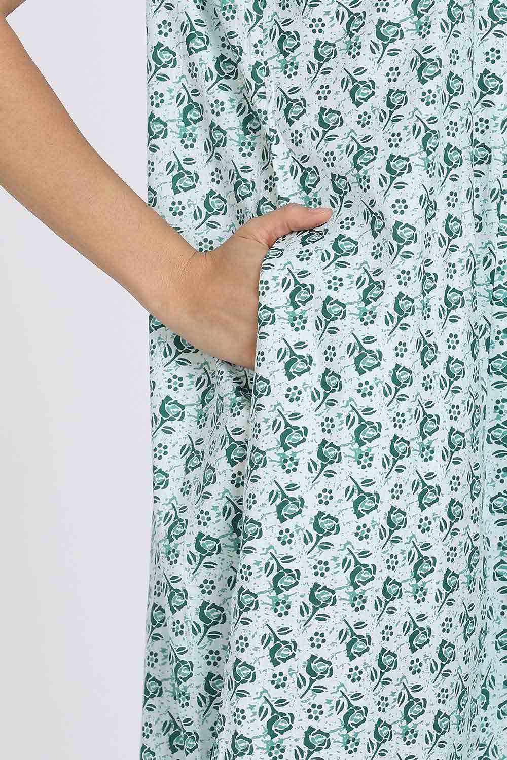 Naidu Hall Women’s Full-Length Cotton Nighty – V-Neck with Contrast Patchwork & Floral Butta Print - Teal - NA38