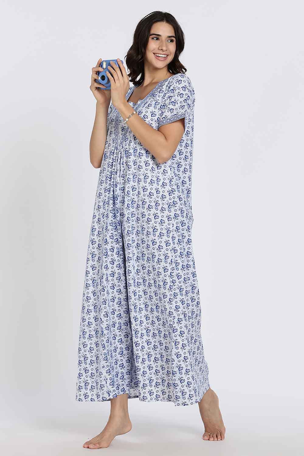 Naidu Hall Women's Full-Length Cotton Nighty – V-Neck with Contrast Patchwork & Floral Butta Print - Blue - NA38