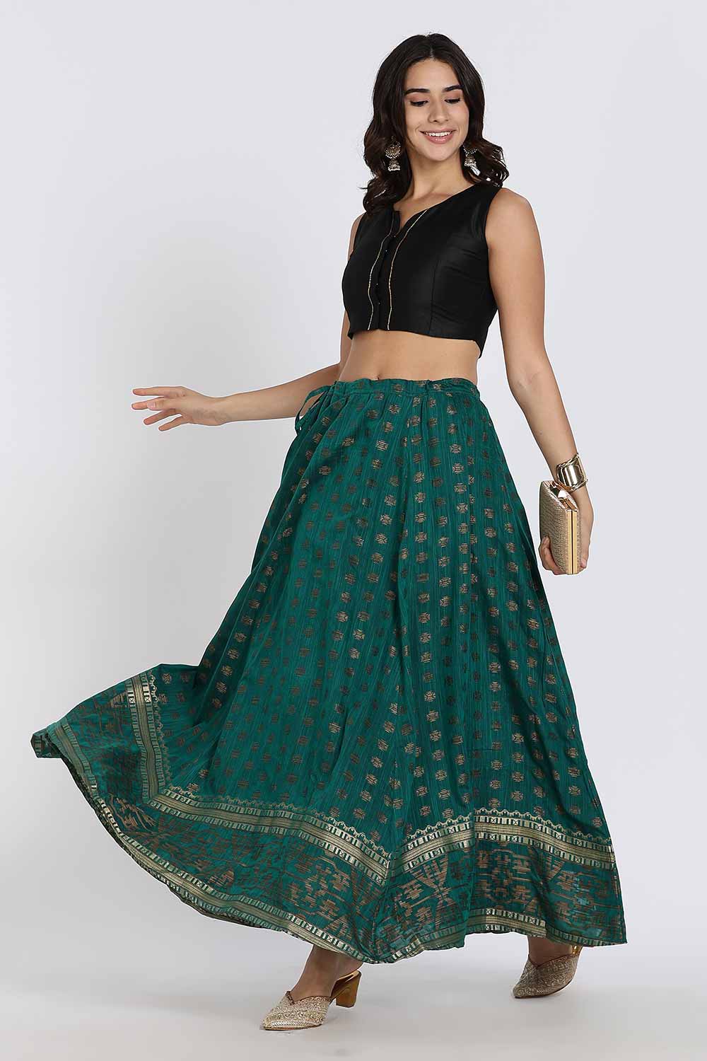 Mythri Women’s Ethnic Skirt | Full-Length Kali Skirt with Waistband & Side Zipper - Teal Green - SK06