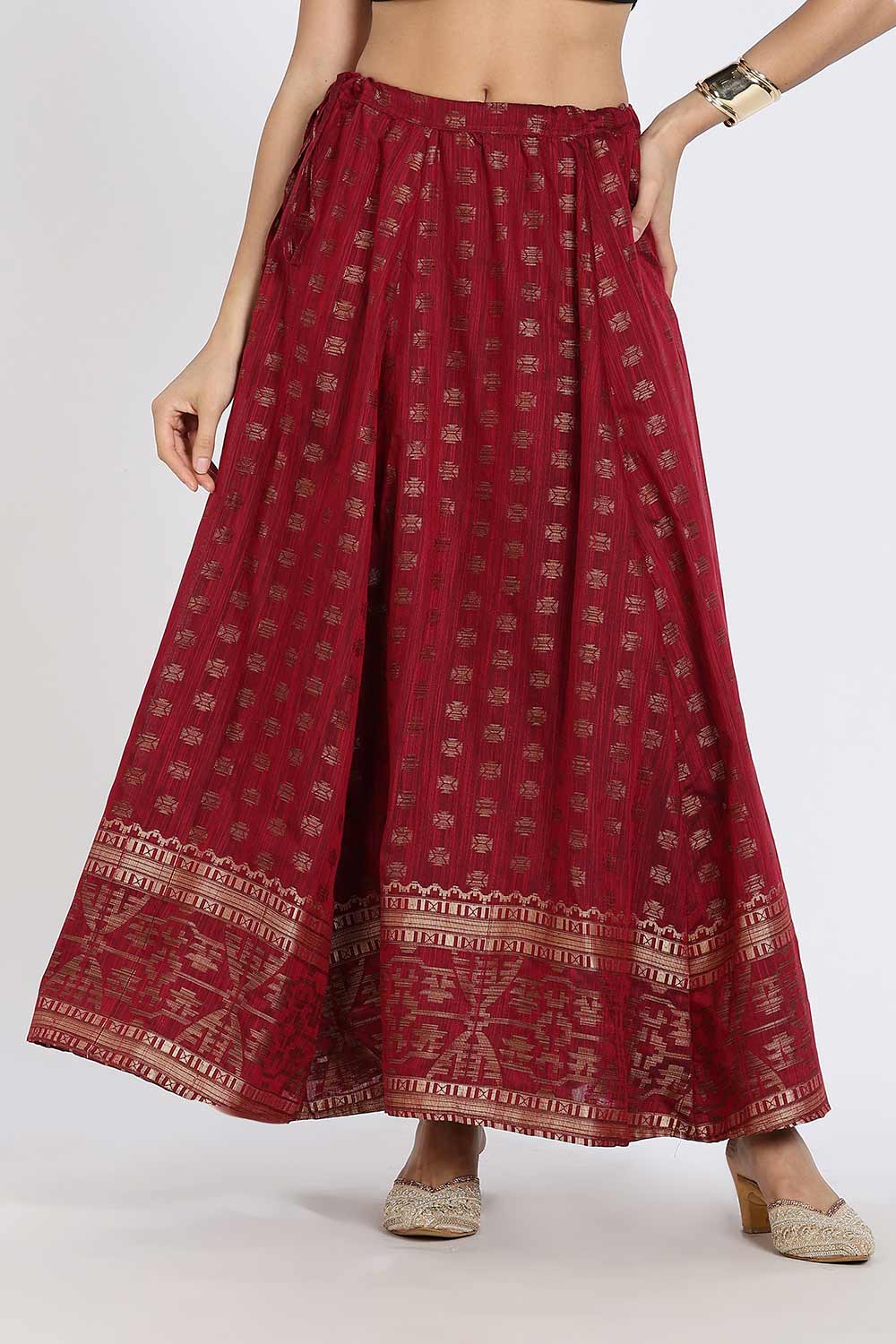 Mythri Women’s Ethnic Skirt | Full-Length Kali Skirt with Waistband & Side Zipper - Red - SK06