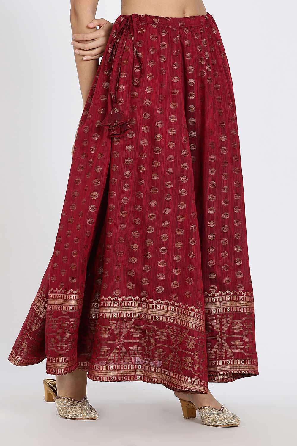 Mythri Women’s Ethnic Skirt | Full-Length Kali Skirt with Waistband & Side Zipper - Red - SK06