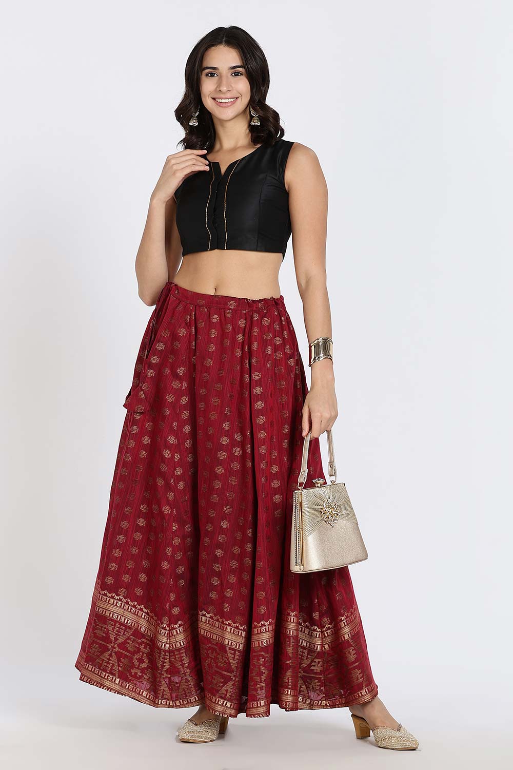 Mythri Women’s Ethnic Skirt | Full-Length Kali Skirt with Waistband & Side Zipper - Red - SK06