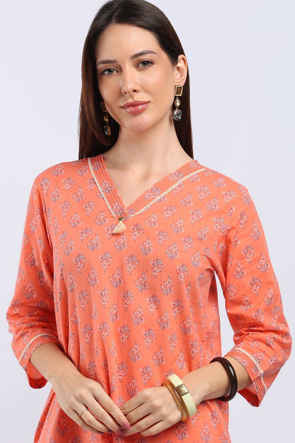 Mythri Women's Cotton Printed Kurti Set | V-Neck Kurta Pant Set with 3/4 Sleeves | Regular Fit Ethnic Wear | Festive, Office & Occasion Wear - KP802