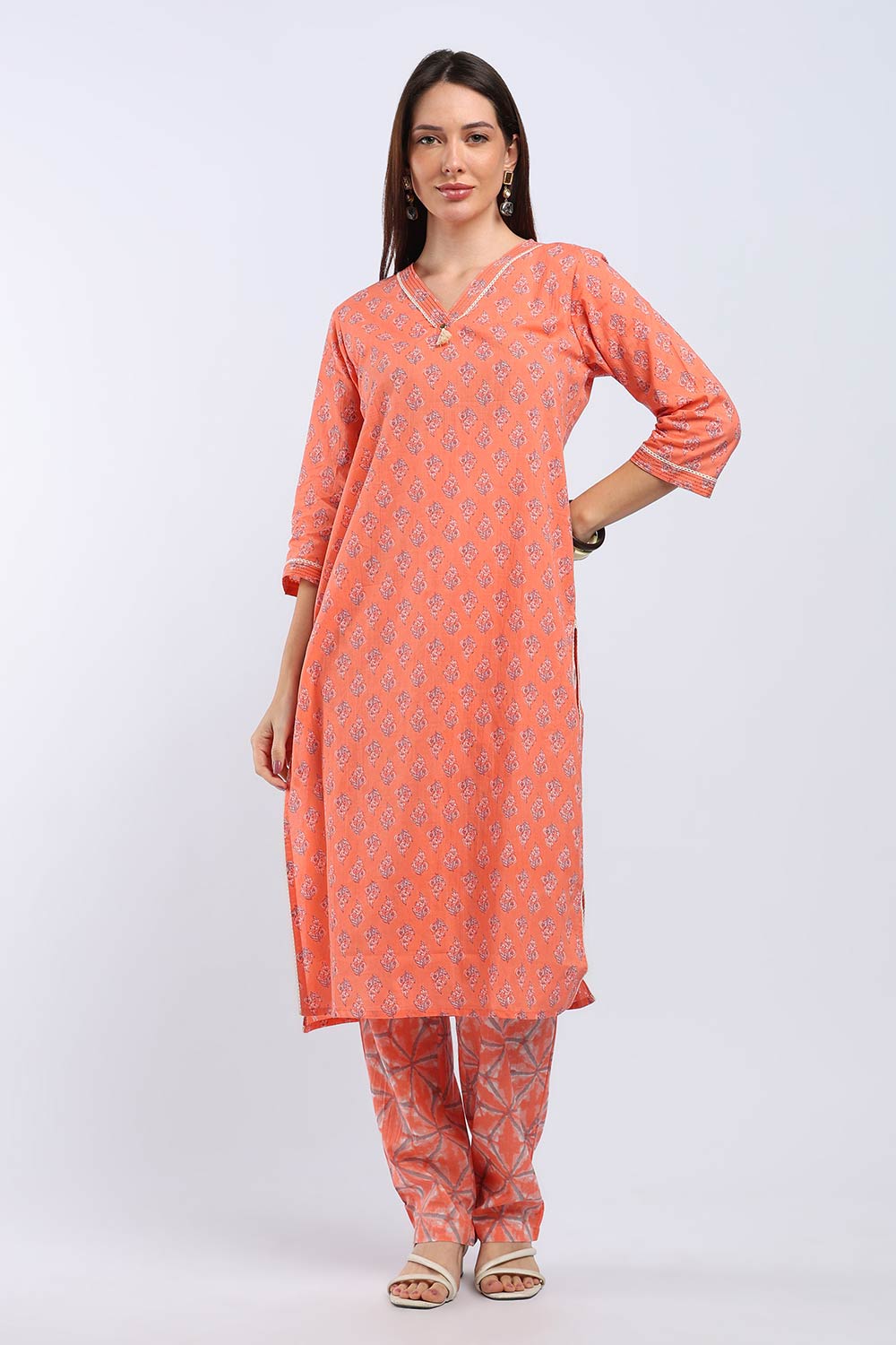 Mythri Women's Cotton Printed Kurti Set | V-Neck Kurta Pant Set with 3/4 Sleeves | Regular Fit Ethnic Wear | Festive, Office & Occasion Wear - KP802