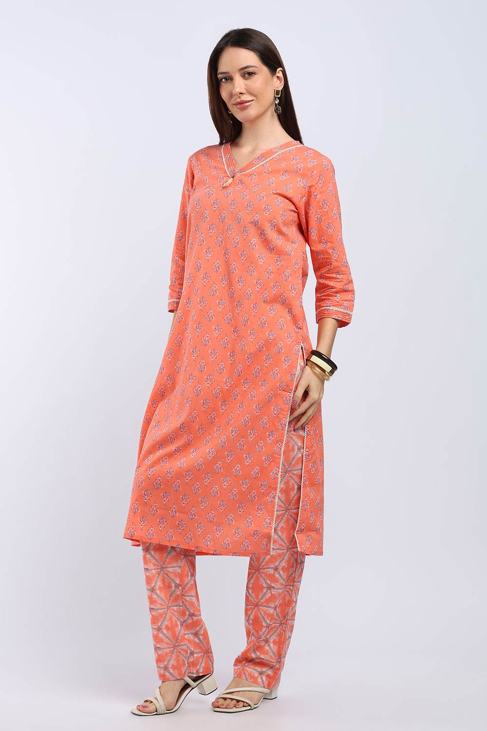 Mythri Women's Cotton Printed Kurti Set | V-Neck Kurta Pant Set with 3/4 Sleeves | Regular Fit Ethnic Wear | Festive, Office & Occasion Wear - KP802