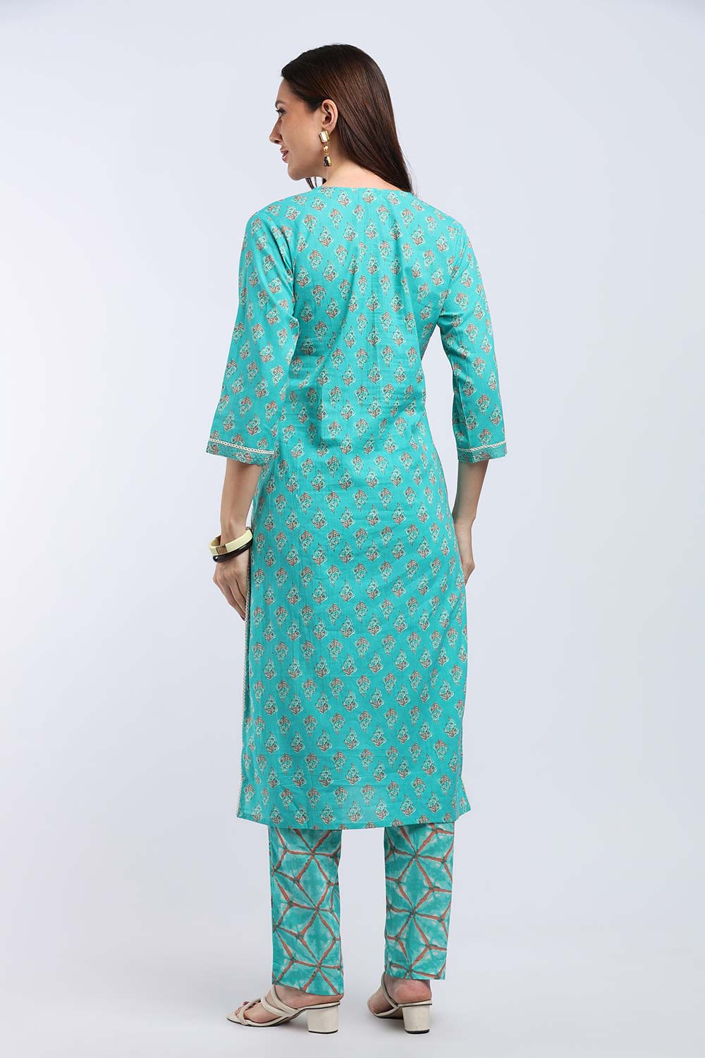 Mythri Women's Cotton Printed Kurti Set | V-Neck Kurta Pant Set with 3/4 Sleeves | Regular Fit Ethnic Wear | Festive, Office & Occasion Wear - KP802