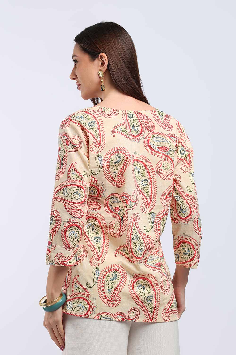 Mythri Women's Cotton Floral Printed Top | V-Neck 3/4 Sleeve Ethnic Top with Button Placket | Regular Fit Office & Everyday Wear - T104