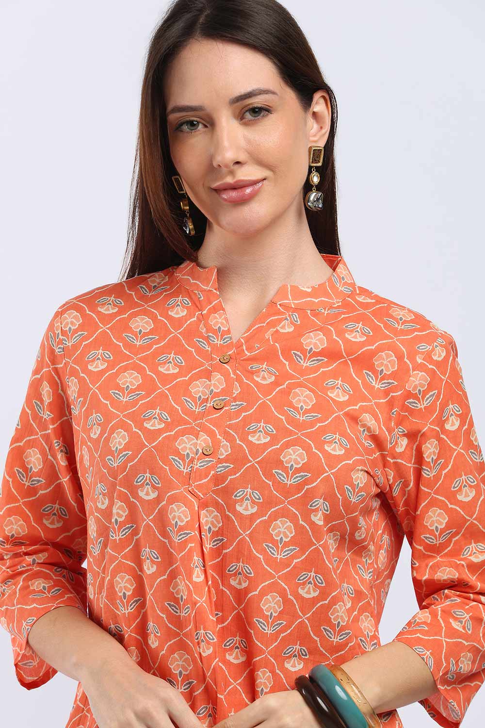 Mythri Women's Cotton Printed Short Top | Mandarin V-Neck Cotton Top with 3/4 Sleeves | Regular Fit Casual, Office & Everyday Wear Top for Women - TU518