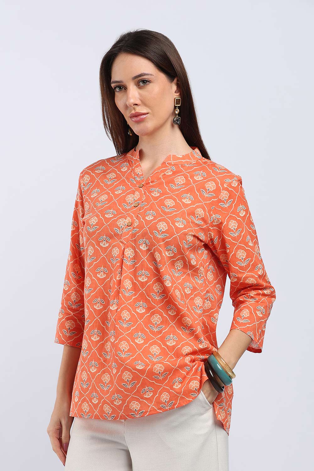 Mythri Women's Cotton Printed Short Top | Mandarin V-Neck Cotton Top with 3/4 Sleeves | Regular Fit Casual, Office & Everyday Wear Top for Women - TU518