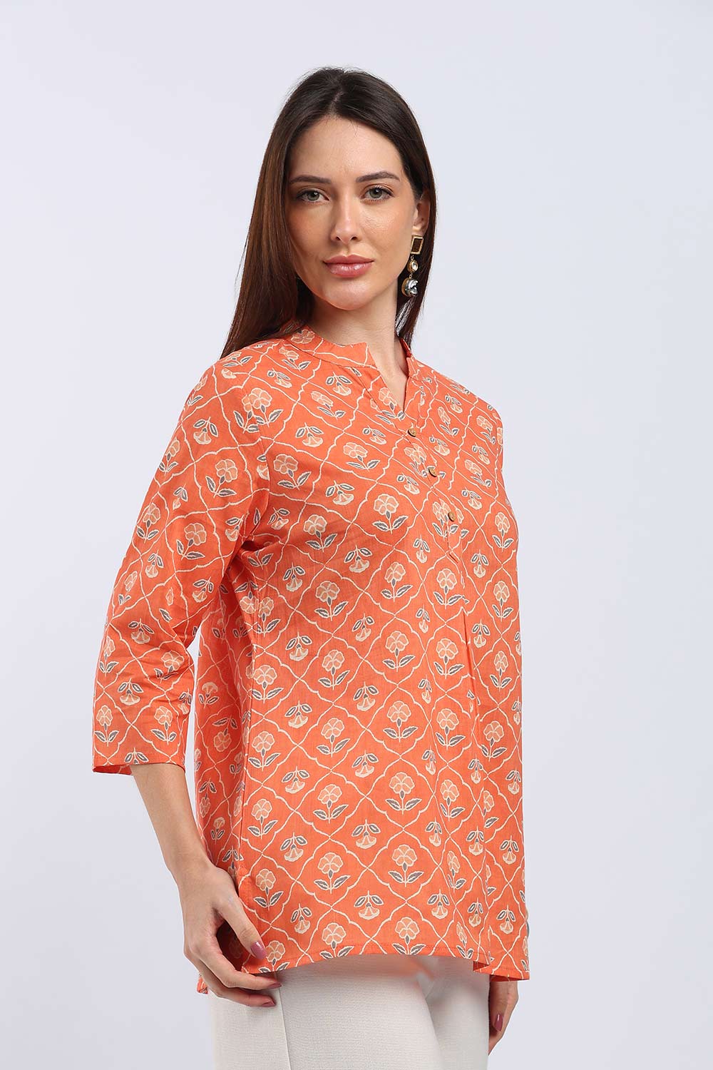 Mythri Women's Cotton Printed Short Top | Mandarin V-Neck Cotton Top with 3/4 Sleeves | Regular Fit Casual, Office & Everyday Wear Top for Women - TU518