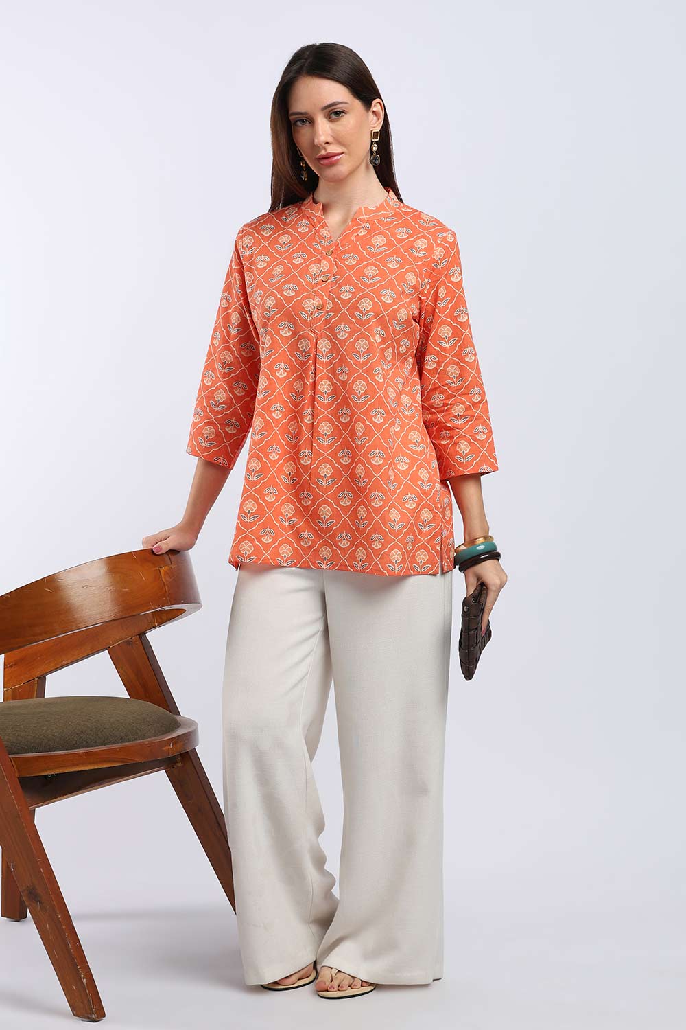 Mythri Women's Cotton Printed Short Top | Mandarin V-Neck Cotton Top with 3/4 Sleeves | Regular Fit Casual, Office & Everyday Wear Top for Women - TU518