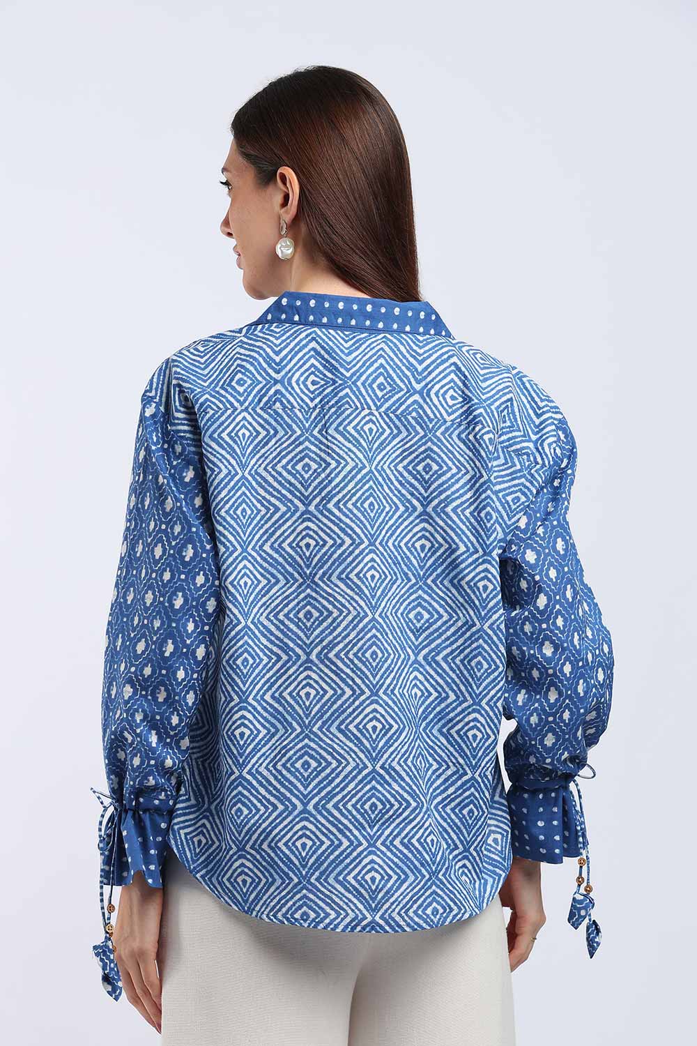 Mythri Women's Cotton Shirt Top | V-Slit Collar Full Sleeve Top with Tie-Up Tassels & Patch Pockets | Casual Office & Daily Wear - TO44