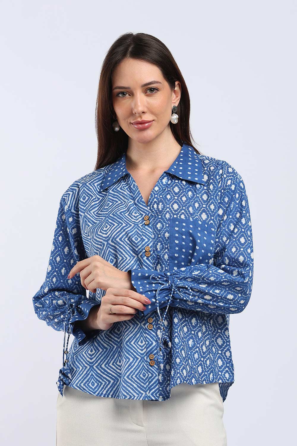 Mythri Women's Cotton Shirt Top | V-Slit Collar Full Sleeve Top with Tie-Up Tassels & Patch Pockets | Casual Office & Daily Wear - TO44