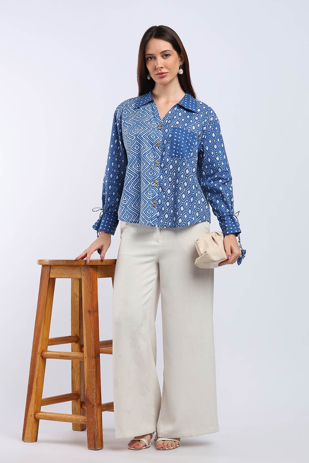Mythri Women's Cotton Shirt Top | V-Slit Collar Full Sleeve Top with Tie-Up Tassels & Patch Pockets | Casual Office & Daily Wear - TO44