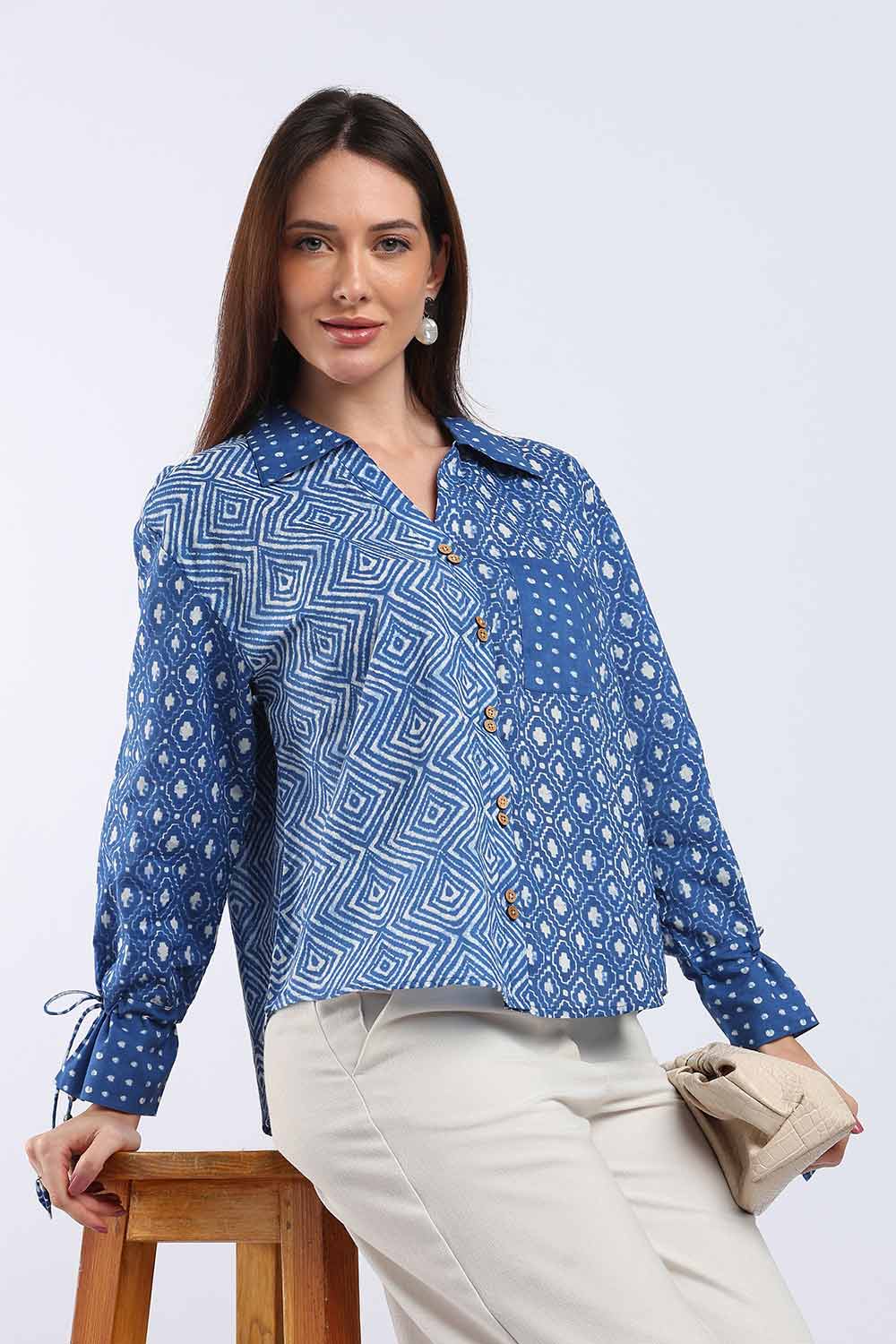 Mythri Women's Cotton Shirt Top | V-Slit Collar Full Sleeve Top with Tie-Up Tassels & Patch Pockets | Casual Office & Daily Wear - TO44