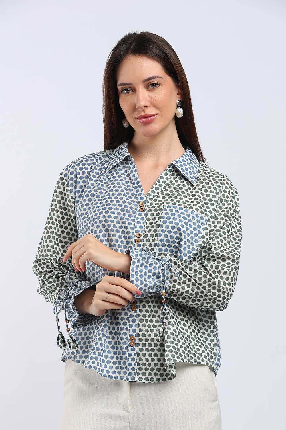 Mythri Women's Cotton Shirt Top | V-Slit Collar Full Sleeve Top with Tie-Up Tassels & Patch Pockets | Casual Office & Daily Wear - TO44