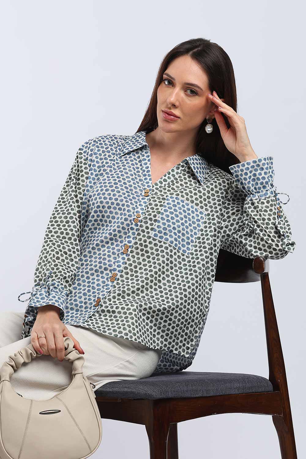 Mythri Women's Cotton Shirt Top | V-Slit Collar Full Sleeve Top with Tie-Up Tassels & Patch Pockets | Casual Office & Daily Wear - TO44