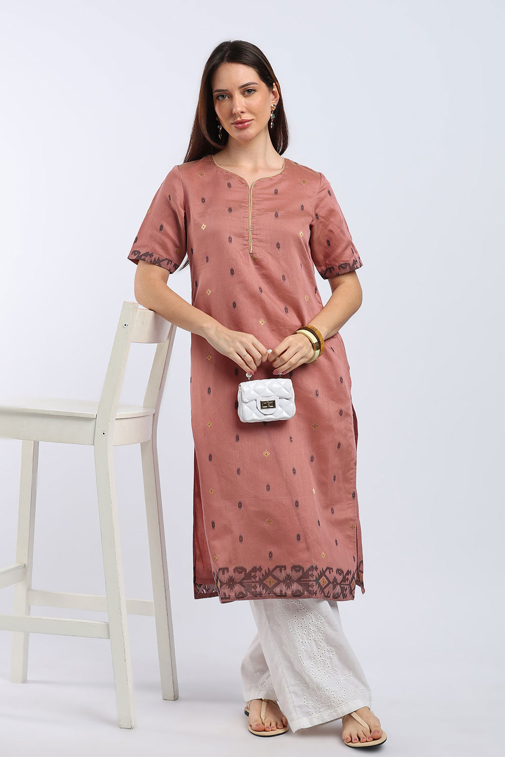 Mythri Women’s Cotton Embroidered Kurti | Sweetheart Neck Kurta with Golden Piping & Sequin Embroidery | Ethnic Kurti for Office Festive & Casual Wear - K142
