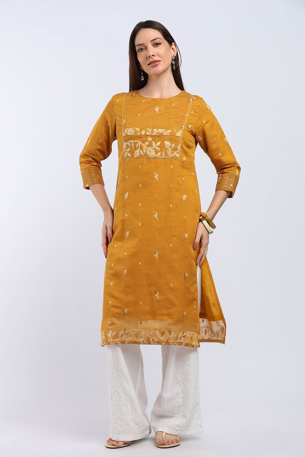 Mythri Women's Cotton Chanderi Printed Kurti | Straight Fit Ethnic Kurti with Zari Embroidery | Festive & Occasion Wear Kurta for Women - K141