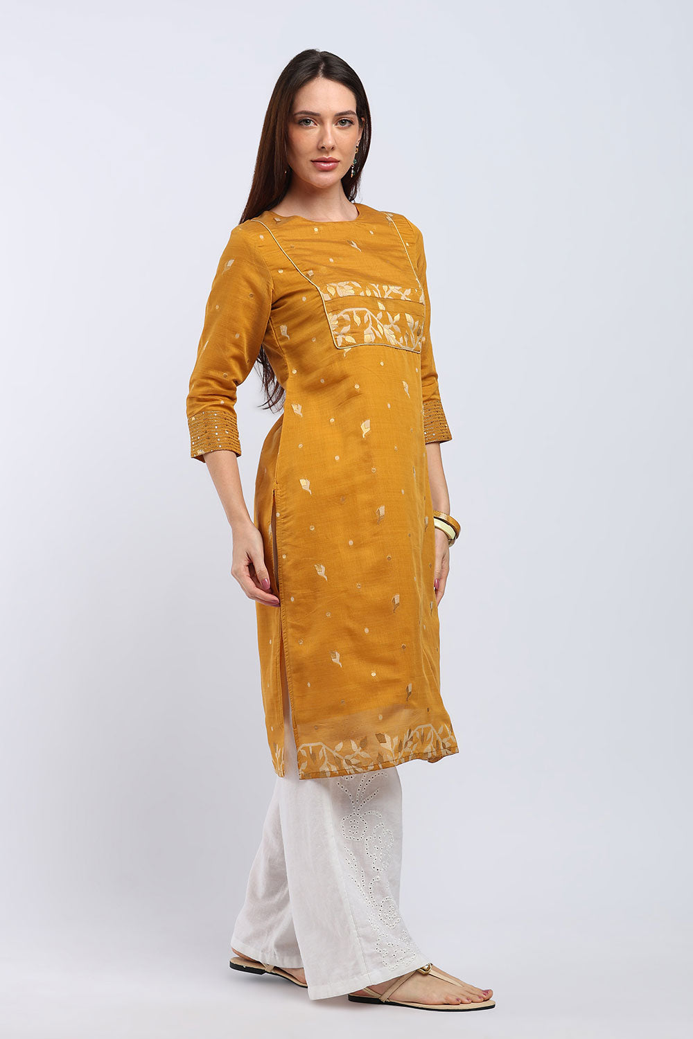 Mythri Women's Cotton Chanderi Printed Kurti | Straight Fit Ethnic Kurti with Zari Embroidery | Festive & Occasion Wear Kurta for Women - K141
