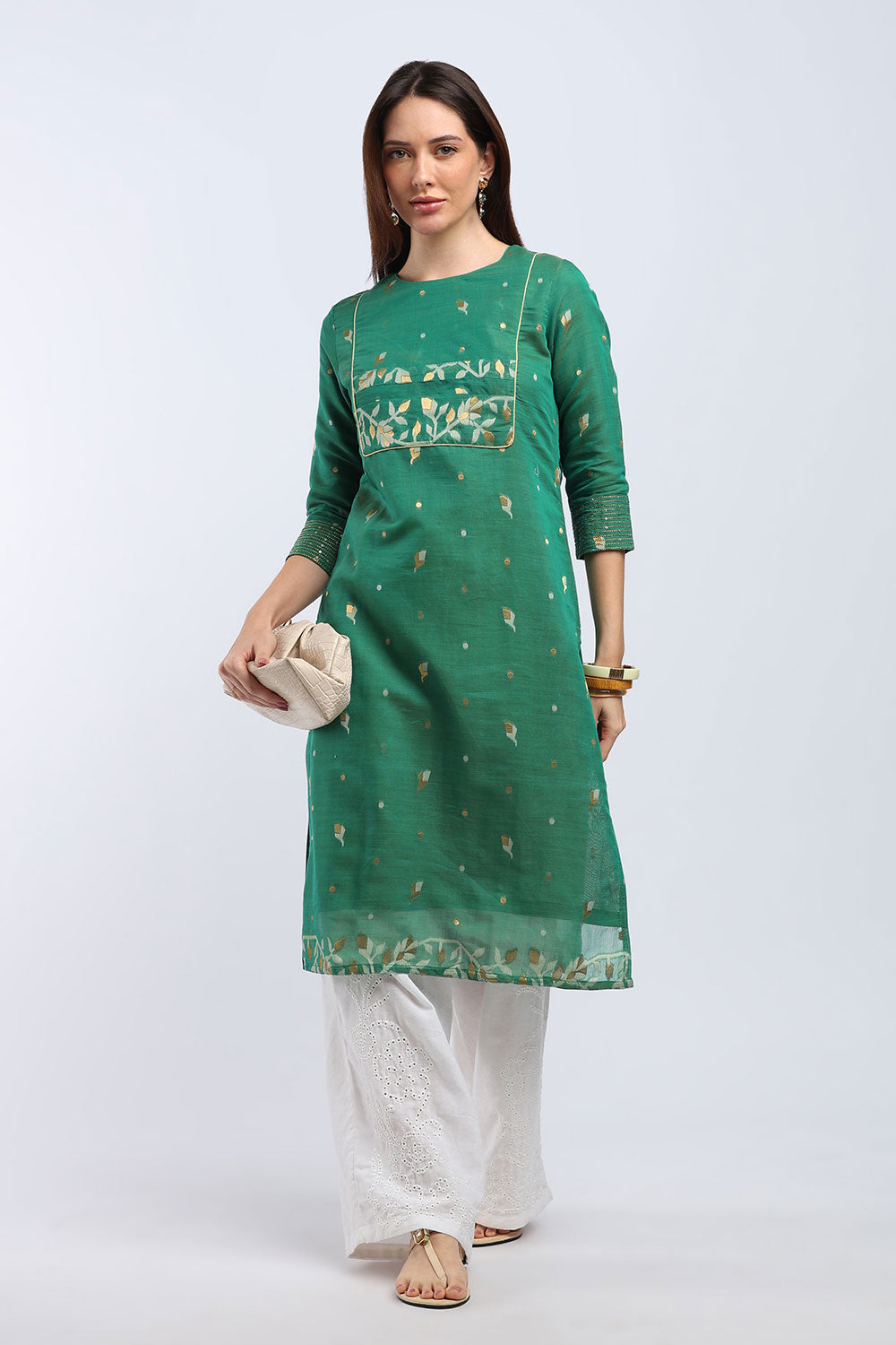 Mythri Women's Cotton Chanderi Printed Kurti | Straight Fit Ethnic Kurti with Zari Embroidery | Festive & Occasion Wear Kurta for Women - K141