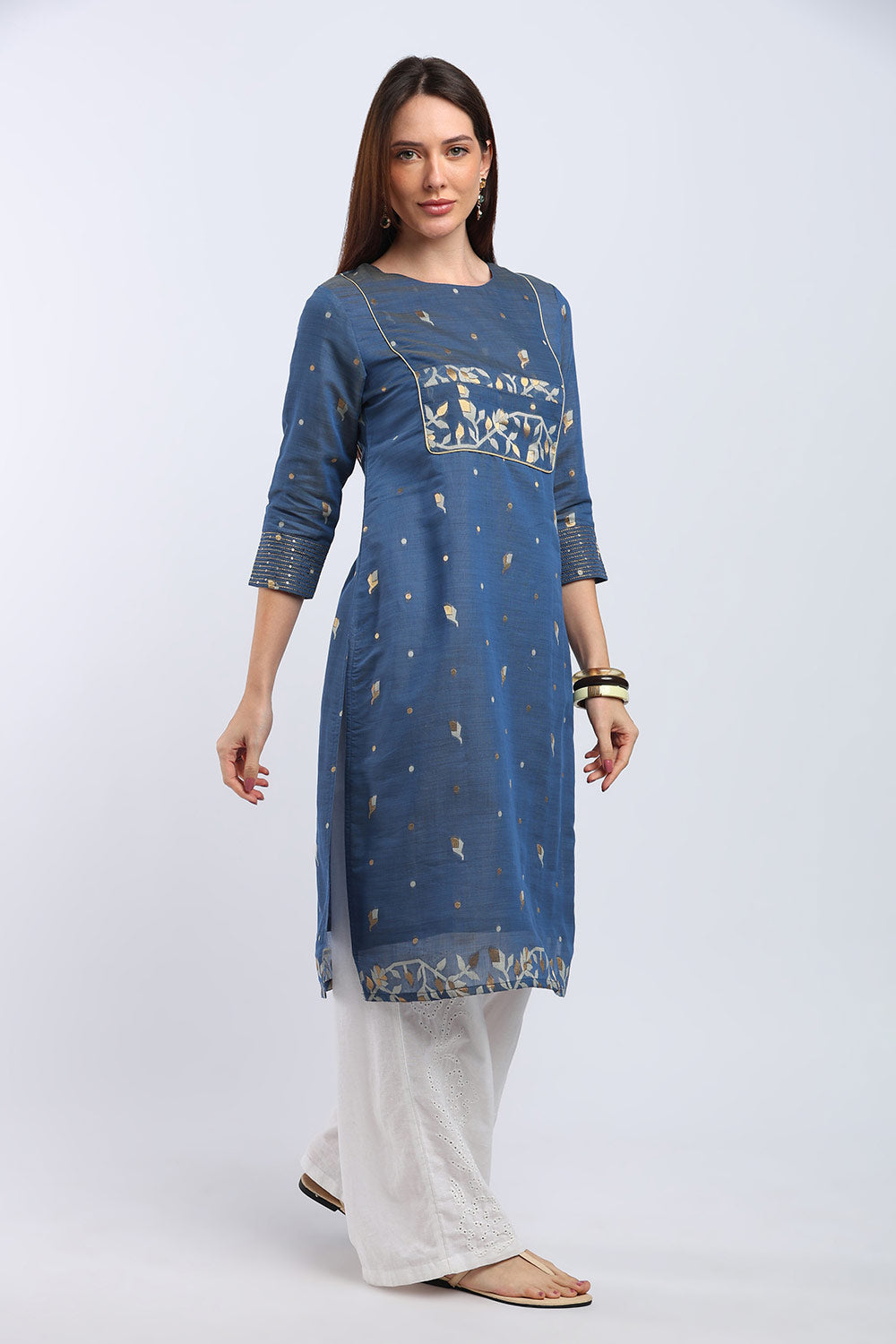 Mythri Women's Cotton Chanderi Printed Kurti | Straight Fit Ethnic Kurti with Zari Embroidery | Festive & Occasion Wear Kurta for Women - K141