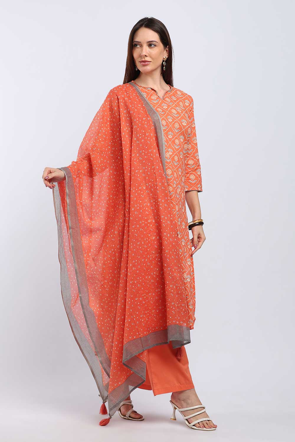 Mythri Women’s Cotton Paisley Printed Chudidar | Mandarin Collar Notch Neck Kurta with 3/4 Sleeves | Regular Fit Daily Office & Casual Ethnic Wear - A206