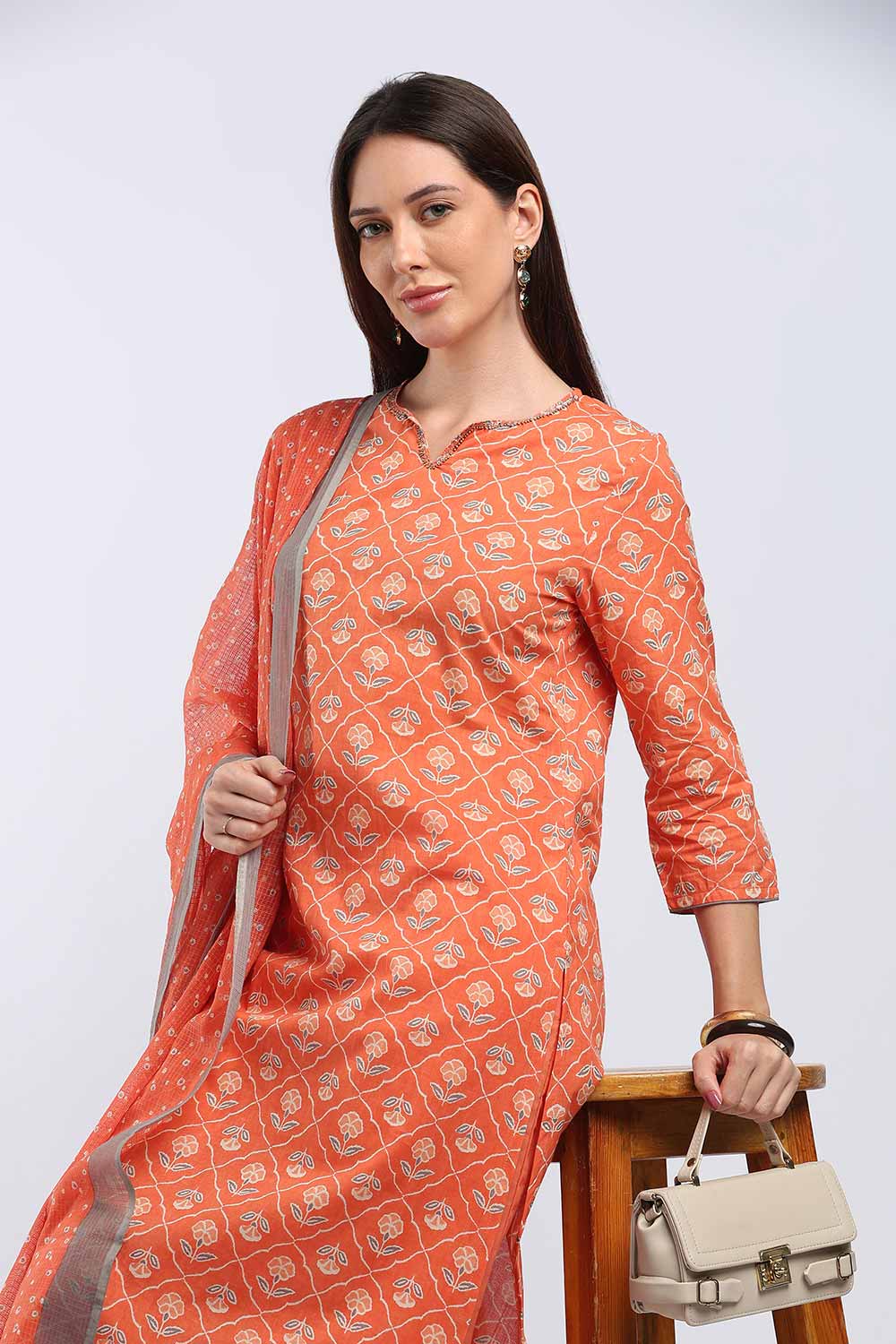 Mythri Women’s Cotton Paisley Printed Chudidar | Mandarin Collar Notch Neck Kurta with 3/4 Sleeves | Regular Fit Daily Office & Casual Ethnic Wear - A206