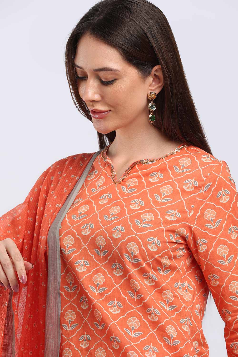 Mythri Women’s Cotton Paisley Printed Chudidar | Mandarin Collar Notch Neck Kurta with 3/4 Sleeves | Regular Fit Daily Office & Casual Ethnic Wear - A206