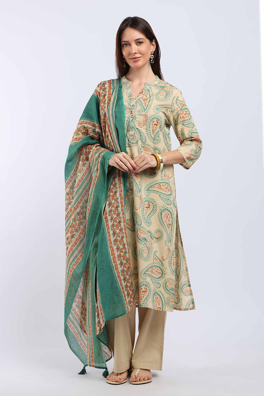Mythri Women’s Cotton Paisley Printed Chudidar | Mandarin Collar Notch Neck Kurta with 3/4 Sleeves | Regular Fit Daily Office & Casual Ethnic Wear - A202