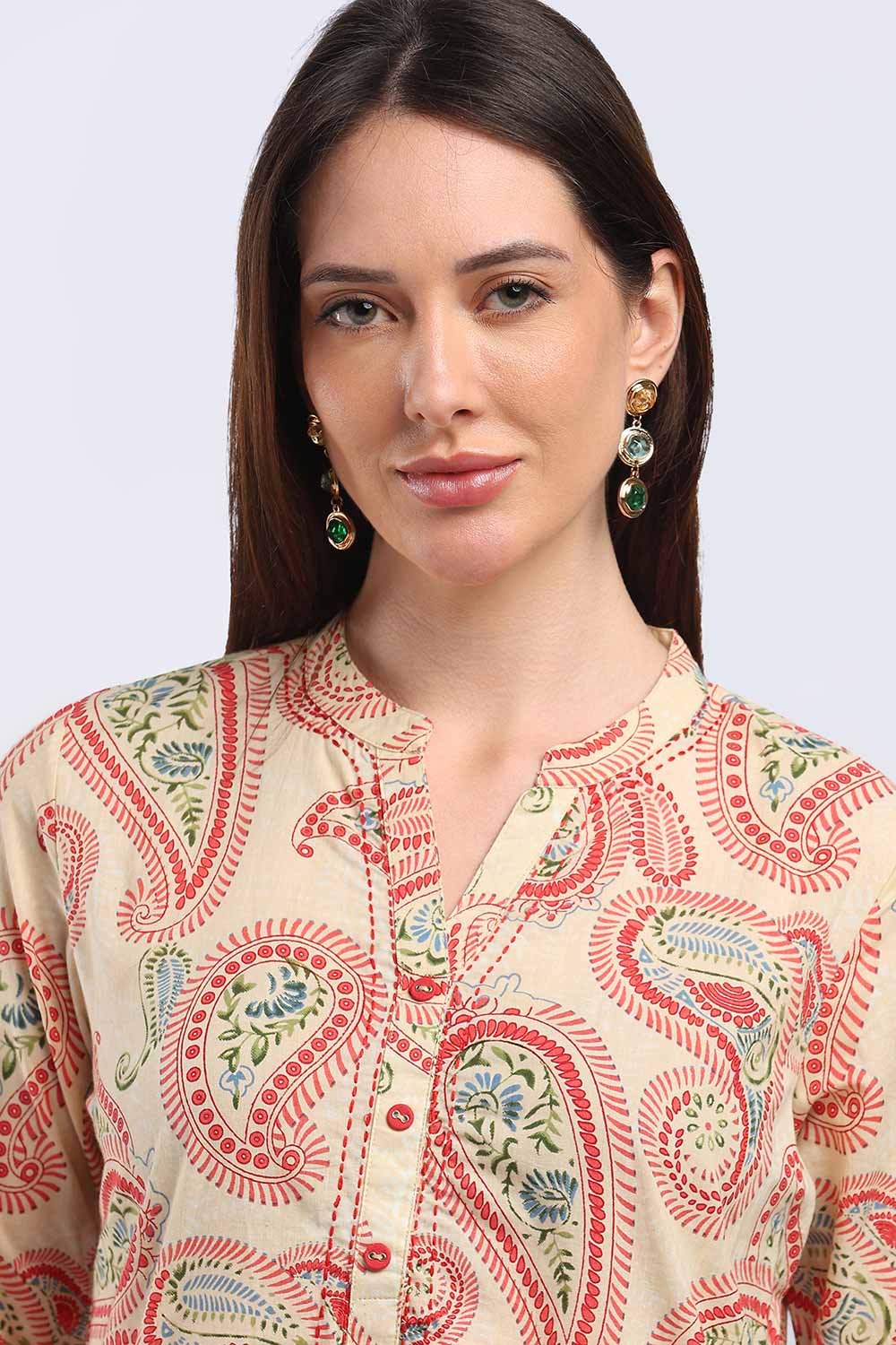 Mythri Women’s Cotton Paisley Printed Chudidar | Mandarin Collar Notch Neck Kurta with 3/4 Sleeves | Regular Fit Daily Office & Casual Ethnic Wear - A202