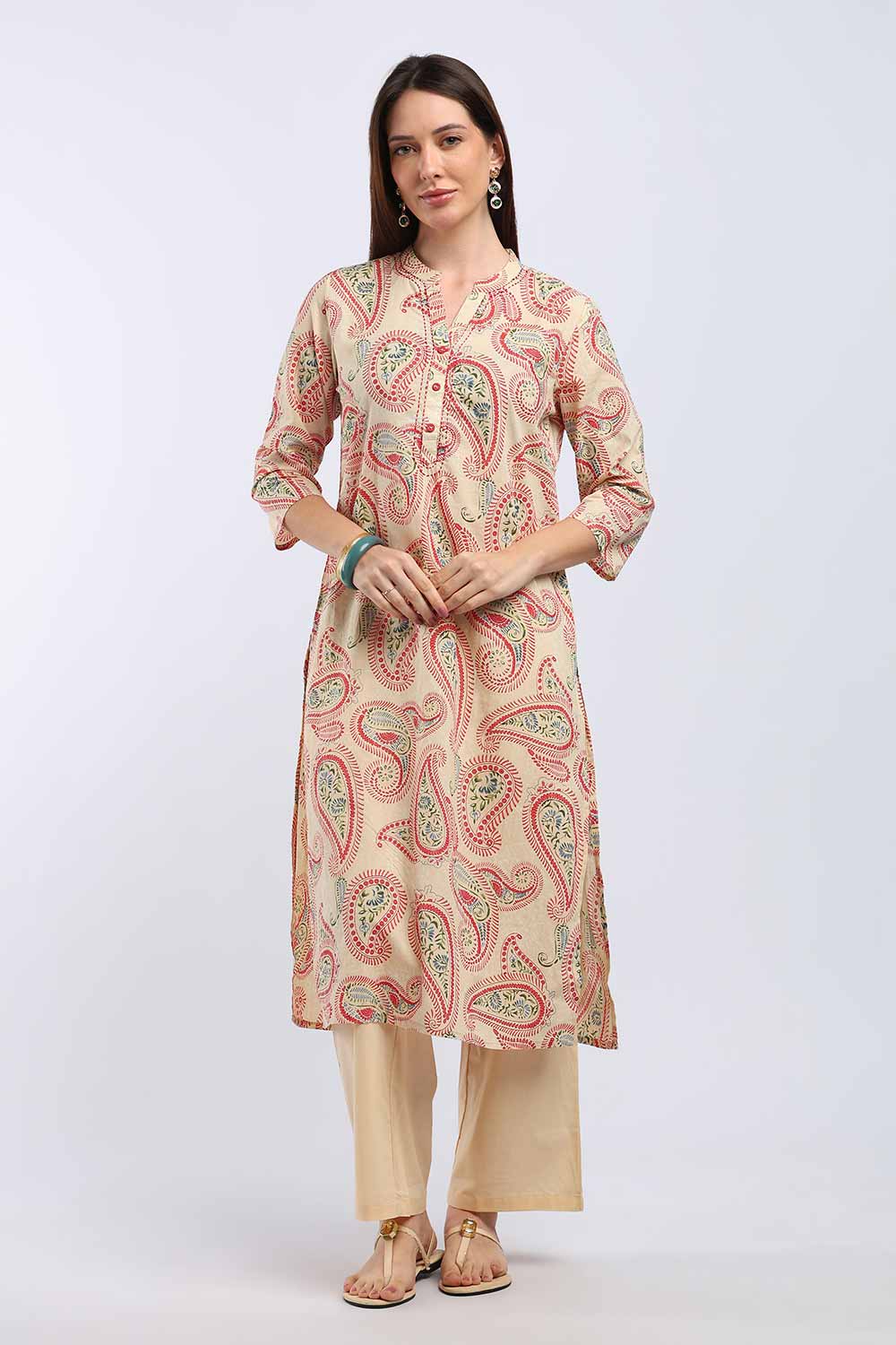 Mythri Women’s Cotton Paisley Printed Chudidar | Mandarin Collar Notch Neck Kurta with 3/4 Sleeves | Regular Fit Daily Office & Casual Ethnic Wear - A202