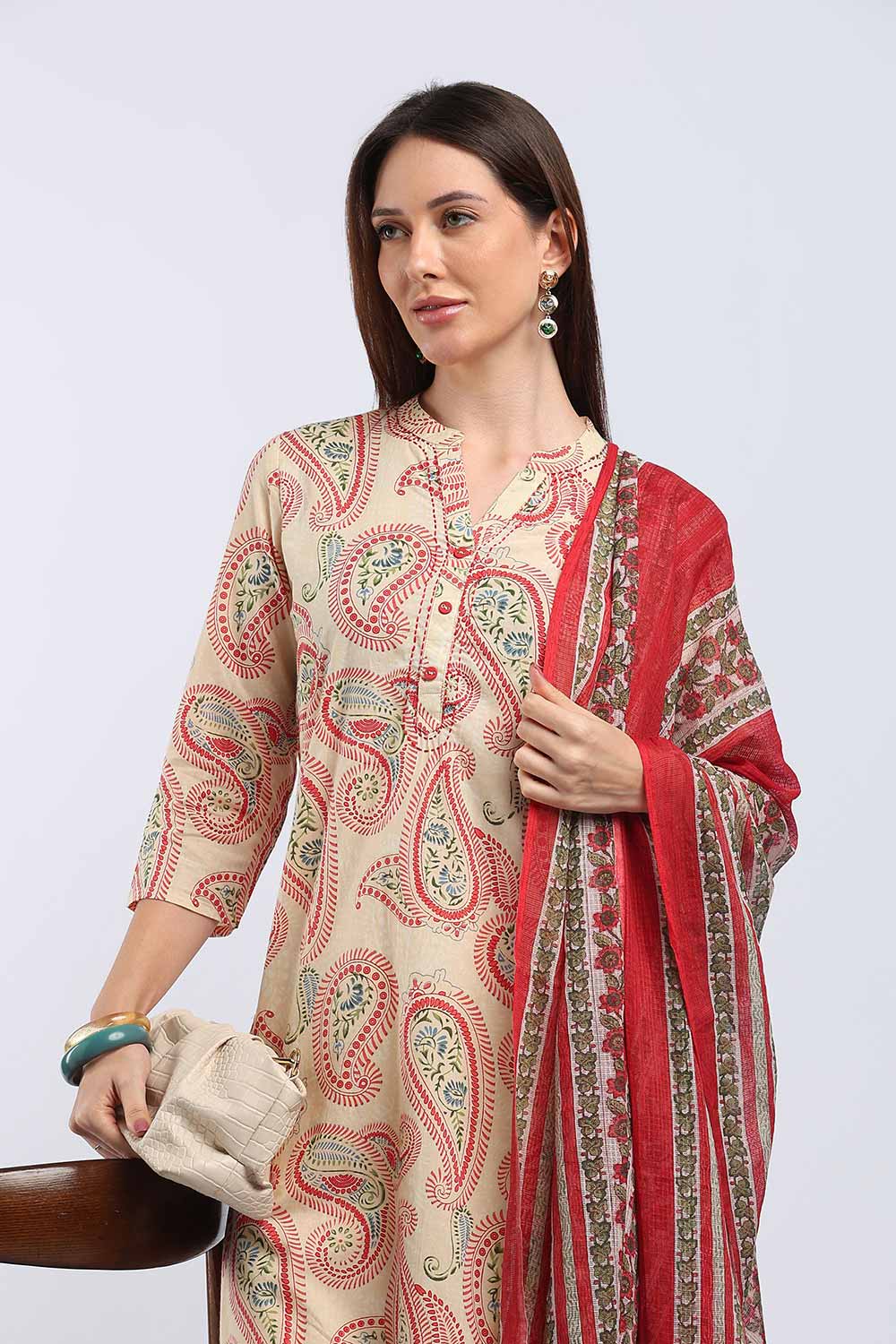 Mythri Women’s Cotton Paisley Printed Chudidar | Mandarin Collar Notch Neck Kurta with 3/4 Sleeves | Regular Fit Daily Office & Casual Ethnic Wear - A202