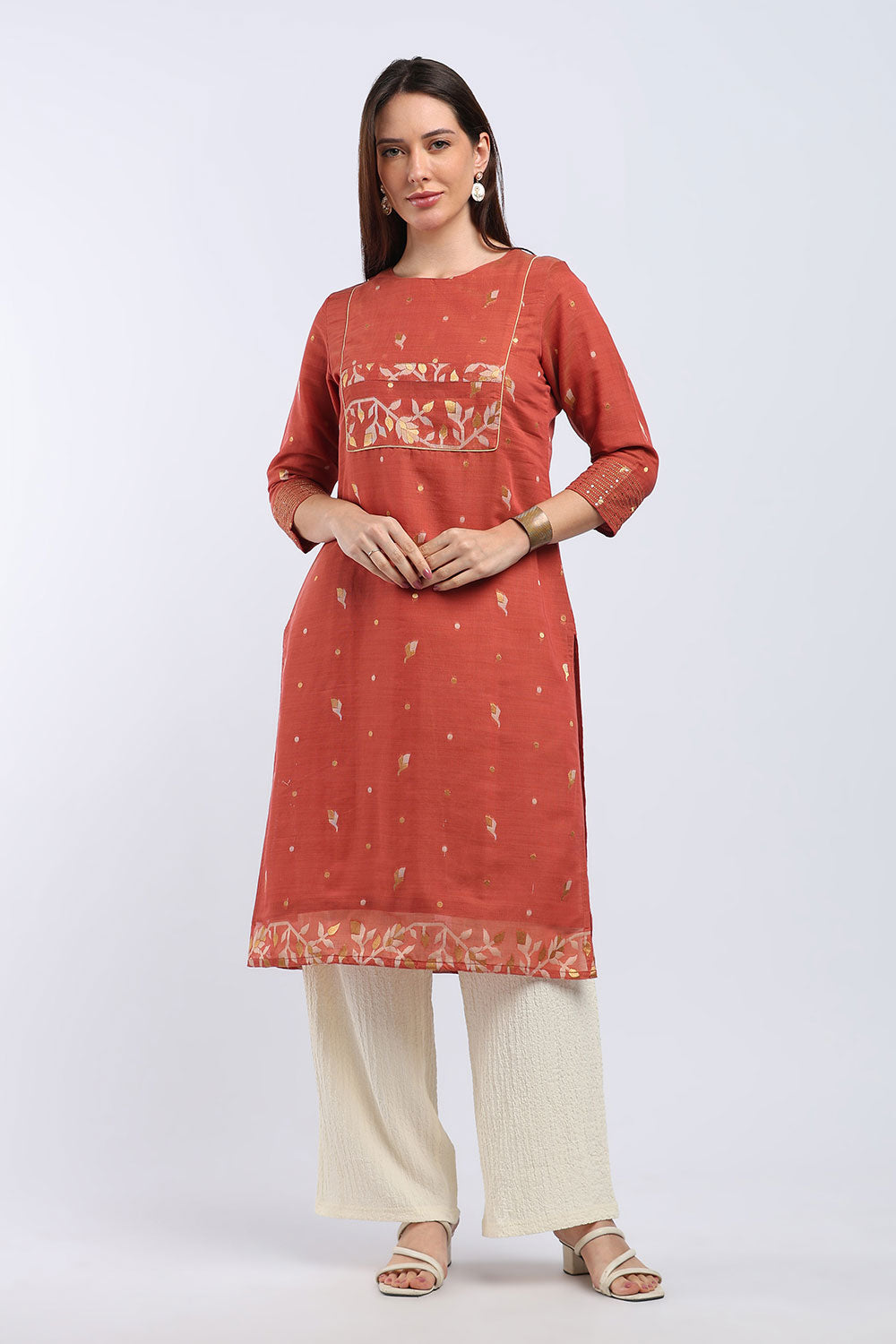 Mythri Women's Cotton Chanderi Printed Kurti | Straight Fit Ethnic Kurti with Zari Embroidery | Festive & Occasion Wear Kurta for Women - K141