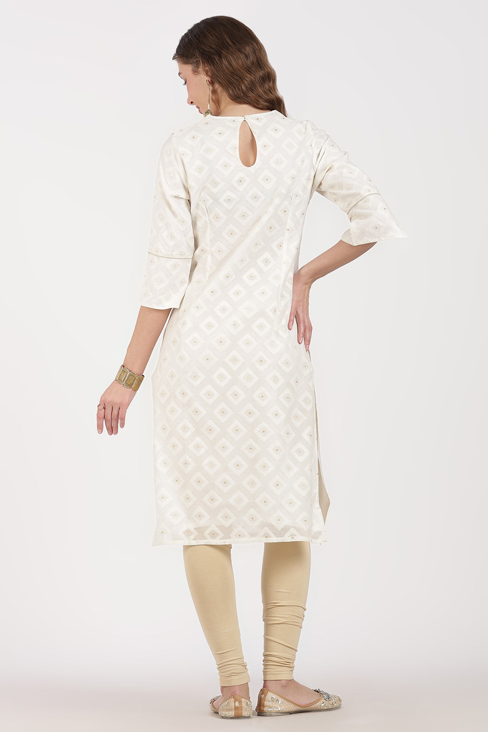 Mythri Women’s White Jacquard Chanderi Kurti – Gold Piping & Sheer Yoke Design - White Jacquard -1 - KU97