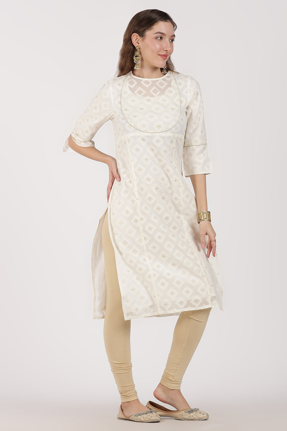 Mythri Women’s White Jacquard Chanderi Kurti – Gold Piping & Sheer Yoke Design - White Jacquard -1 - KU97