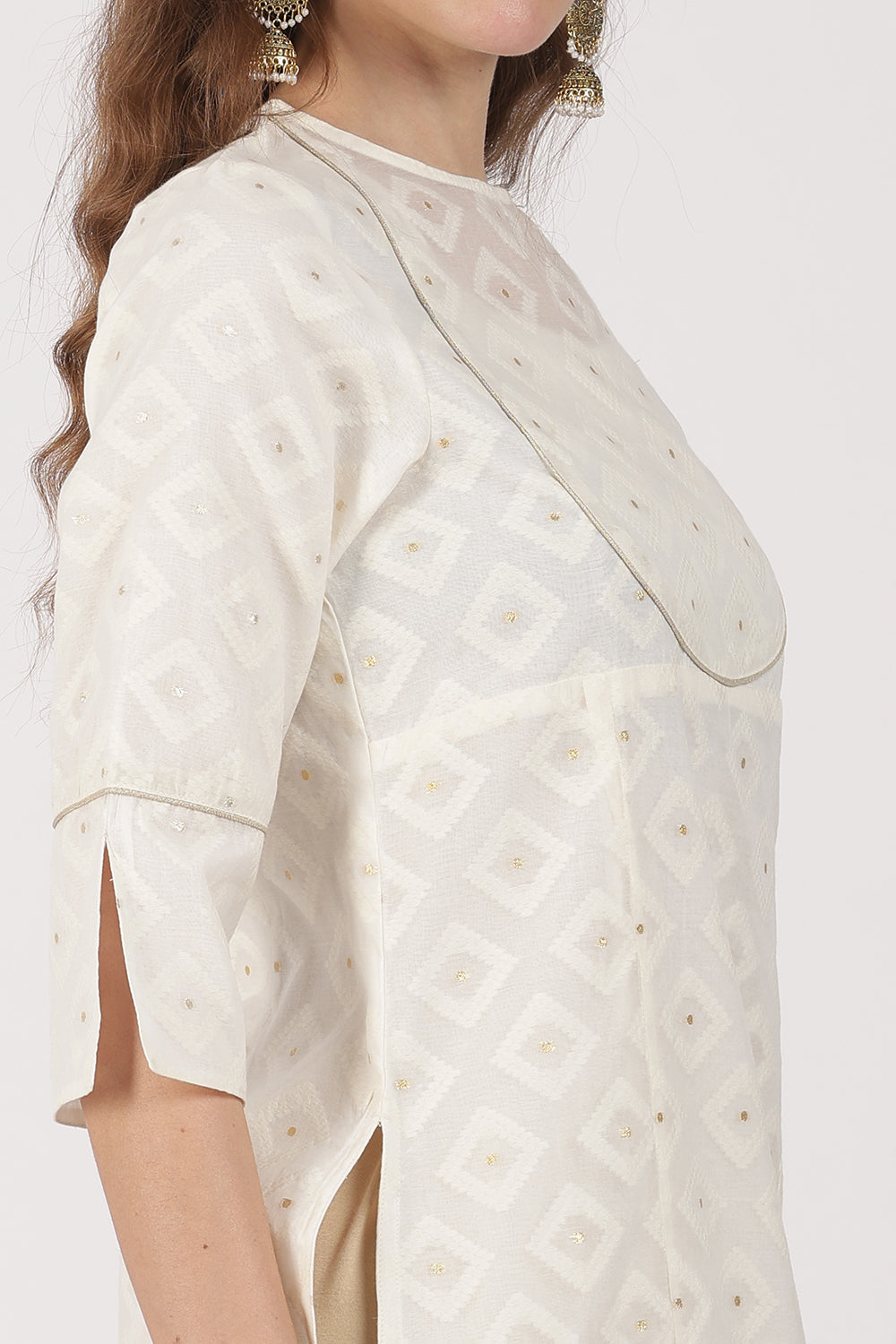 Mythri Women’s White Jacquard Chanderi Kurti – Gold Piping & Sheer Yoke Design - White Jacquard -1 - KU97