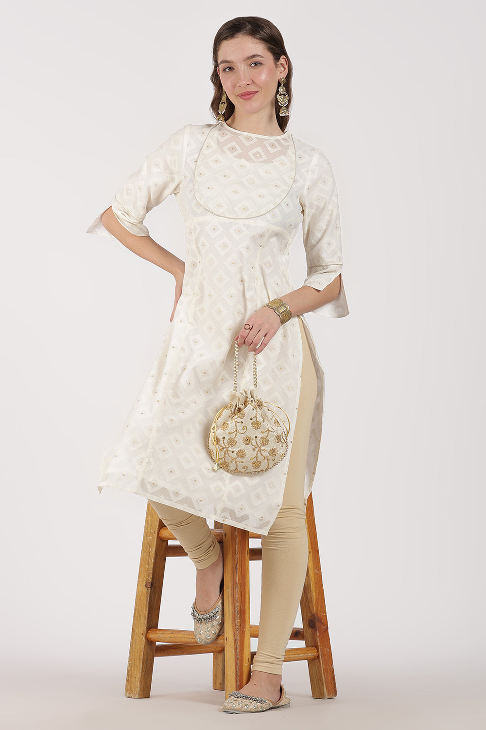 Mythri Women’s White Jacquard Chanderi Kurti – Gold Piping & Sheer Yoke Design - White Jacquard -1 - KU97